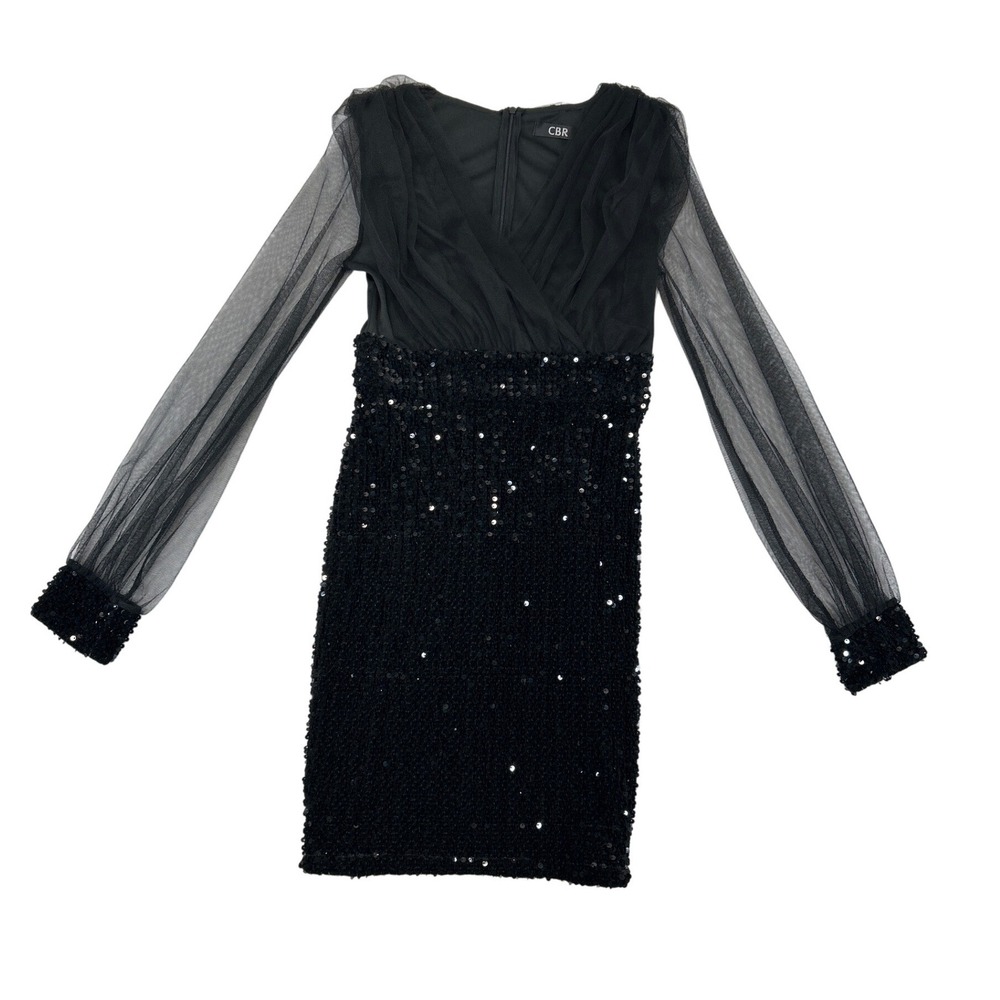 CBR Dress Women M Black Mini Sequin Cocktail Sheer Mesh Sleeve V-Neck Glam Party